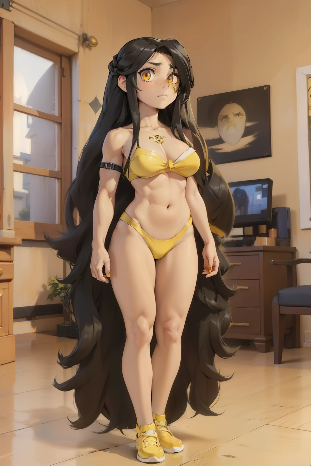 long hair long hair long hair long hair long hair black hair yellow eyes pale skin muscular large breasts girl looking at viewer sad