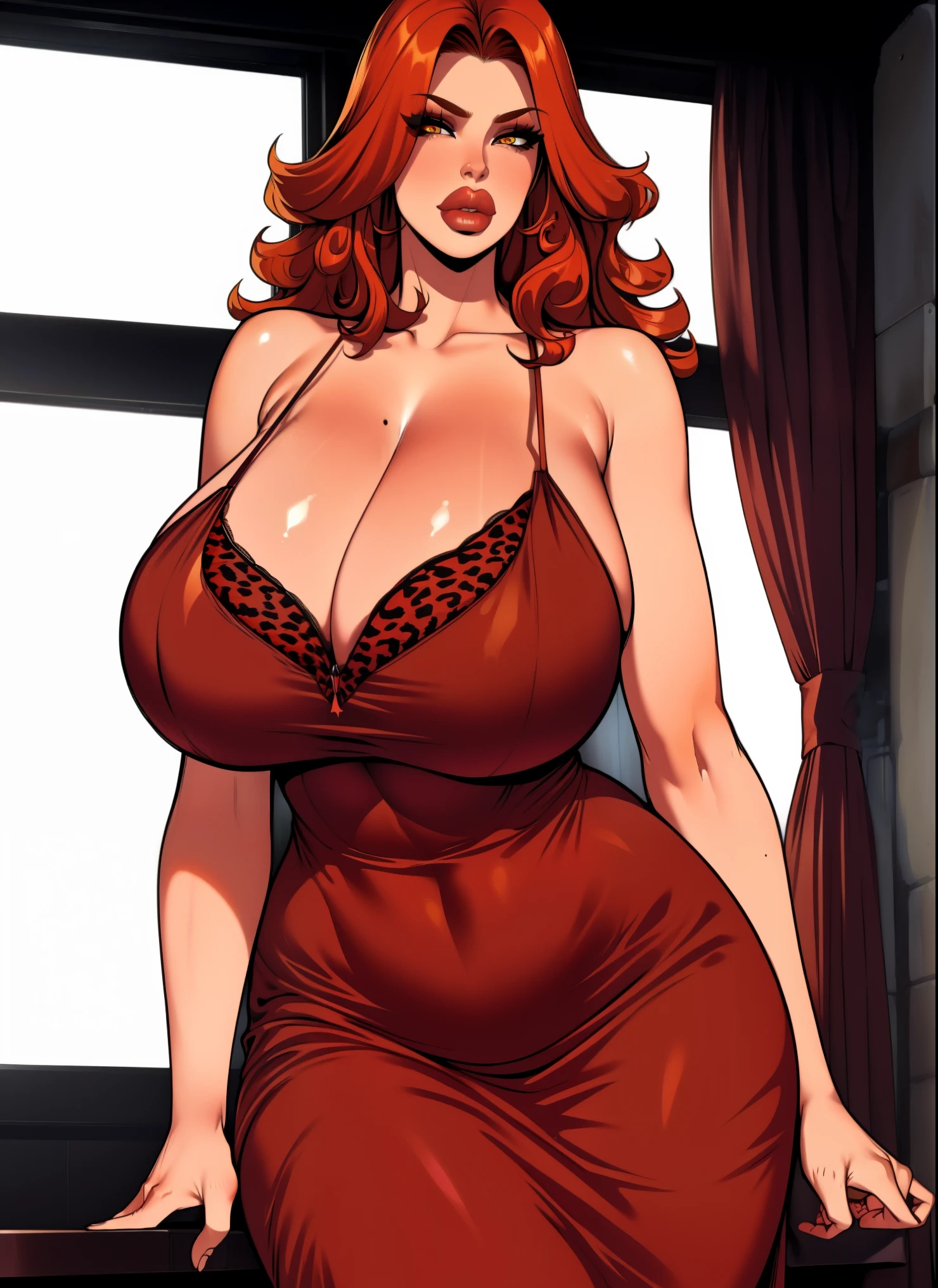 reference sheet, Older woman, milf, mature, orange hair, orange curly hair, curly hair, high cheekbones, glossy lipstick, big lips, full lips, pouting, pouting lips, tall, curvaceous, small waist, big hips, hip dips, large breasts, big breasts, sagging breasts, tight leopard print dress, formal dress, looking at viewer, Best quality, 8k, Masterpiece, realistic, photorealistic, nagatiti(Gigantic Breasts:1.6)(hanging breasts: 1.5)