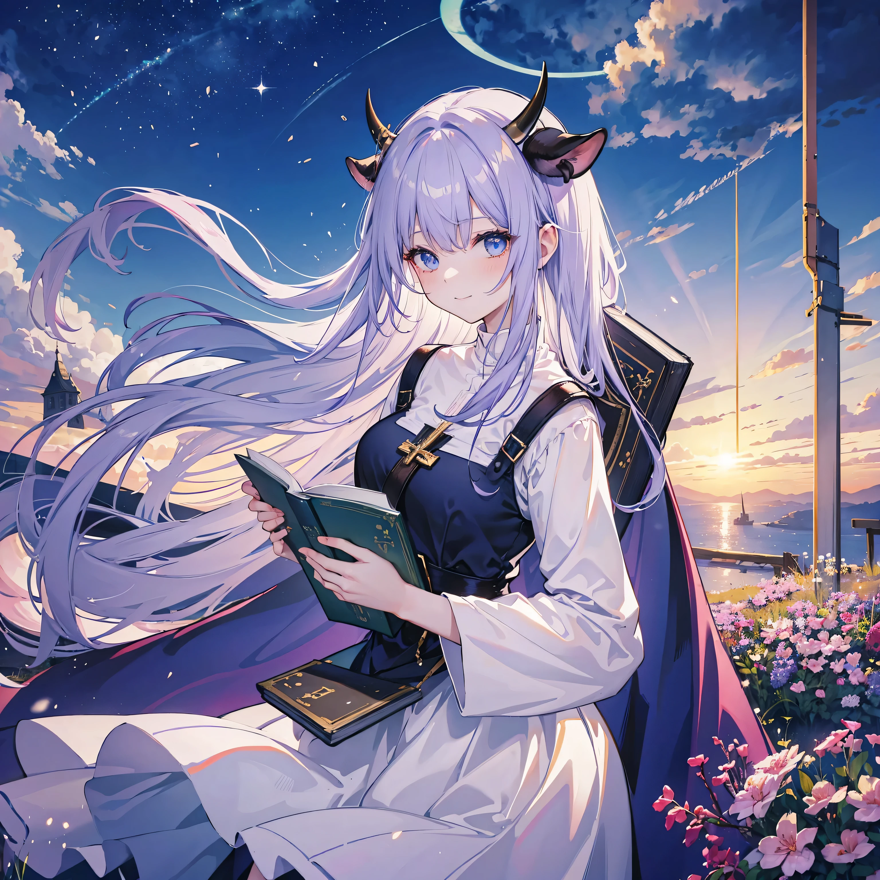 anime-style, a girl sporting cow's ears and horns, flaunting long lavender locks, blue-eyed, with a halo, and church scenery. Looking towards the flowing river in the beautiful afternoon sun with a bright smile on her face holding an magical book crossed arms. Wearing a beautiful nun outfit.