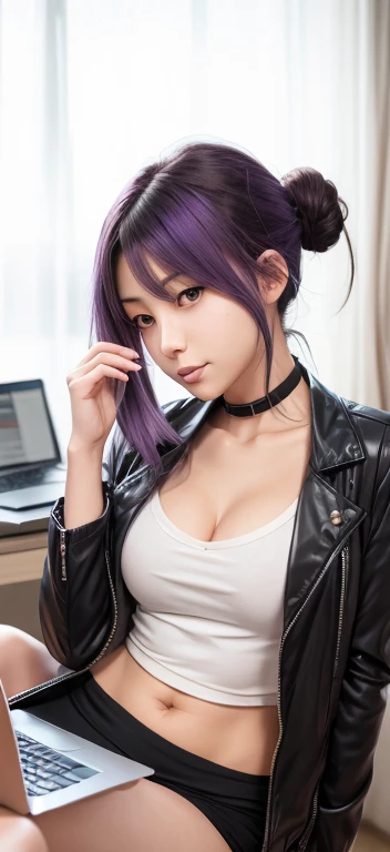 anime girl with purple hair and a black jacket sitting in front of a laptop, misato katsuragi, marin kitagawa fanart, jojo anime style, miura kentaro style, illustrious makinami, portrait knights of zodiac girl, anime moe artstyle, inspired by Rei Kamoi, inspired by Okumura Masanobu, anya from spy x family