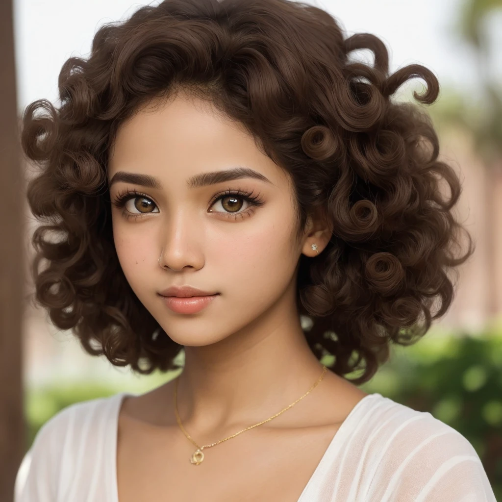 ((Melhor qualidade)), ((obra de arte)), (detalhado), (curly 1), (brown girl), jovem parda, olhos castanhos, soft and attractive complexion