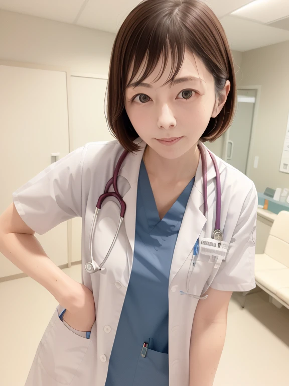 (Raw photo, highest quality),masterpiece, Natural light, 1 girl, wear a lab coat over a scrub, hospital examination room, Stethoscope,close up of face