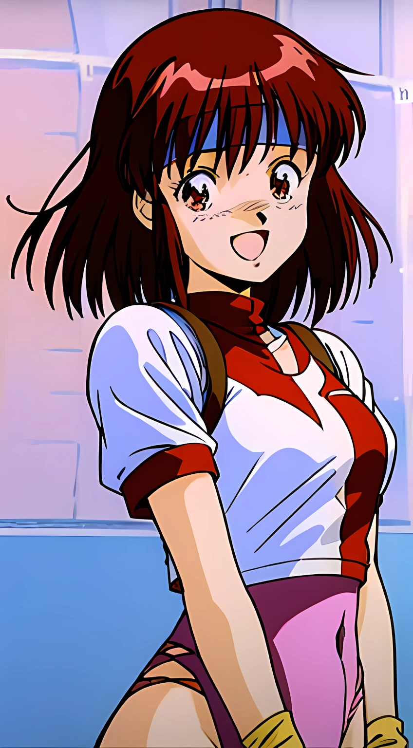 ((masterpiece, highest quality;1.3)), super detailed, 8k unity wallpaper, cg, ray tracing, figure, colorful, cinematic shadow, Very detailed and cute, just like Moe anime,VHD, VRay shading,RT, 1 girl,wearing a leotard, Anyway, smile, teenage, open your mouth, Smile, red noodles, alone, brown eyes, red noodles, (brown hair), (medium hair), shine, shine light, super detailed, scenic, in the atmosphere(highest qualityのmasterpiece:1.4),accurate limbs,open your mouth,anime,Doujin illustration,Character design figure,three size:B80-W58-H83,See pixiv trends,Aim for the top!,Noriko Takaya,Hot-blooded girl!!,bandana girl,The main character of Aim for the top,Gunbuster!,1 girl, alone, head band,Wearing a bandanaして出力,Leotard underneath, under clothes, background, simple background, Upper body, bandana, brown eyes,Mikimoto Haruhiko style illustration,smile,under clothesのレオタード,(red.9.Pink 1,)belly button,happiness,good impression,Nishishi,she looks like a cute sister,Make cute gestures,Noriko Takaya,1 girl, medium hair,brown hair,brown eyes ,under clothes,smile,red gymnastics, short hair, Wristband,bangs, cute face,open your mouth, hair band,Wearing a bandana,smile, , Gunbuster!,