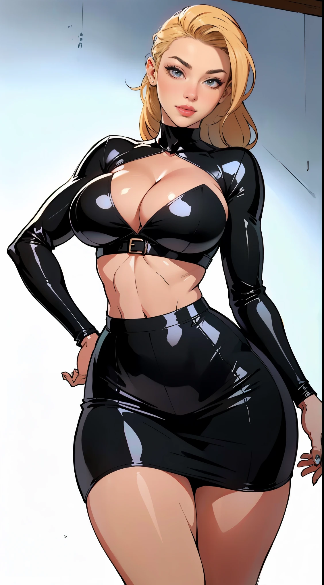 In the style of Frank Cho, Full body, 20 year old - Cany Barbi, Sexy busty bimbo, seductive, red lips, stylish blonde hair, glowing skin, makeup , ((black latex top, plaid skirt, skintight)), ((perfect smooth skin, enormous fake biggest breasts:3.2 tight cleavage:2, tiny waist, toned legs)), (photorealistic, photo, masterpiece, realistic, realism, photorealism, high contrast, realistic skin texture, best quality, ultra high res, sexy pose