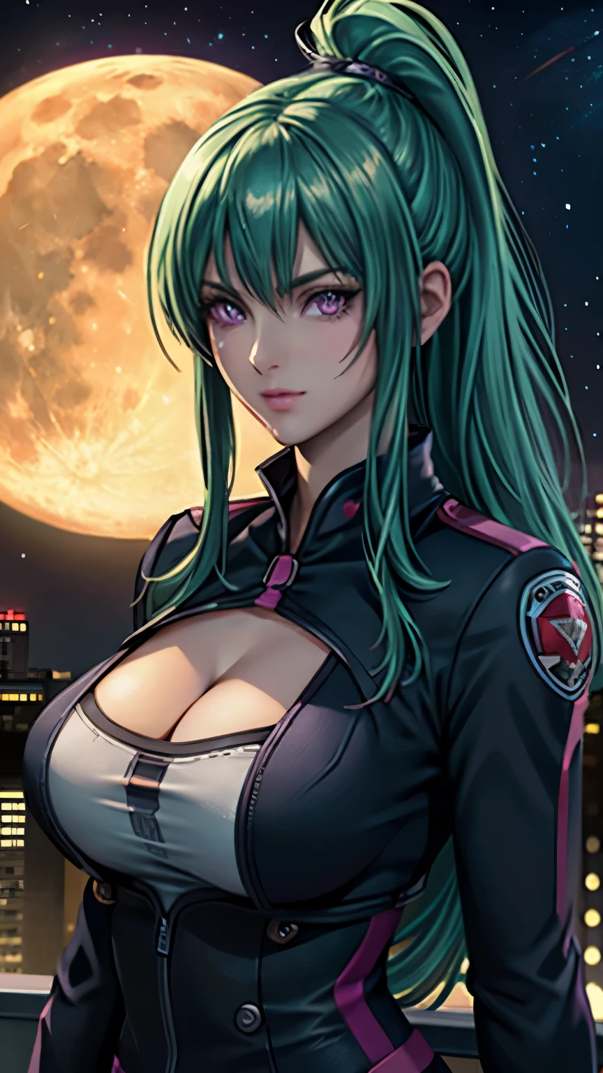 purple eyes, (highest quality, masterpiece painting:1.3), immature woman, s old, (half body shot), masterpiece, ultra high resolution, (Photoreal:1.0), green hair, ponytail, straight hair, beautiful shining hair, white and shining skin, ((Ultra realistic details)), octane rendering, highly detailed face, (big breasts:0.8), complete pilotsuit, adjusted pilotsuit, (purple pilotsuit),cleavage, perfect body, soft skin, anime face, perfect face, perfect eyes, looking at the viewer, smart, deep in the night, Moon Night, The rooftop of a building overlooking the city, Night sky with the moon shining, photon mapping, Radio City, ((fantastic night)), ((outdoors)), sharp focus, intricate details, professional artwork, (bright colors:1.1), bright colors, diffused lighting, digital blending, ultra-definition body, ultra detail hair, super detailed face, that'It's trending on pixiv, top button open, Cute gaze, compensate, perfect lips, perfect compensate, Ultra-precision coating, (glare :1.0)
