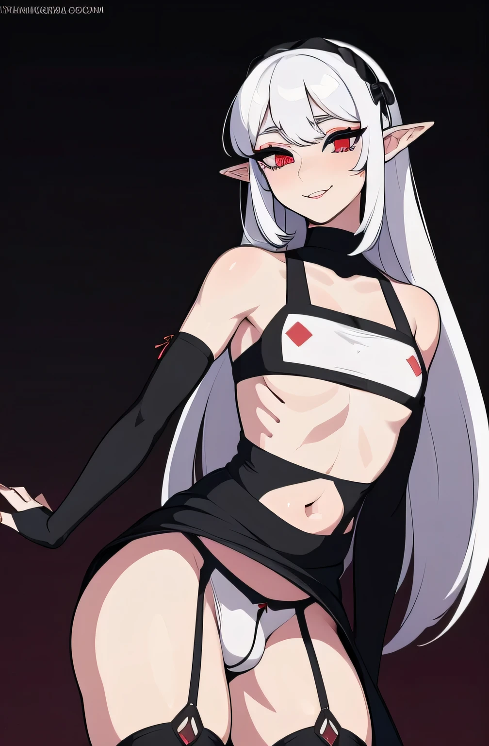 8k, masterpiece, highest quality, best quality, official art, beautiful and aesthetic, extremely detailed, (fractal art: 1.3), colorful, highest detailed, perfect face, upper body, HDR, sexy, wide hips, thicc figure, Detailed face, Detailed eyes, red eyes, perfect face, perfect eyes, ( 1elf, 1 female elf, 1girl, trans, futa, futanari, big ass, slim waist, pretty face, long white hair, sharp jawline, he is sexy, she is beautiful, she has black eyeliner, he has makeup, she has a girly face, she is tanned, she has big , she is blushing, she wears blush, hips wider than shoulders, slim torso, black lipstic, e-girl makeup, blushing, pretty, sharp jawline, red eyes, cute, thigh high socks, goth clothes, black skirt, black crop top, black lipstick, black eyeliner, cute smile, Goth, goth priestess, RAVEN, goth makeup, goth clothes, white hair, wolf cut, bulge, bulge in underwear, genitalia outline, penis bulge, bug julge in pants