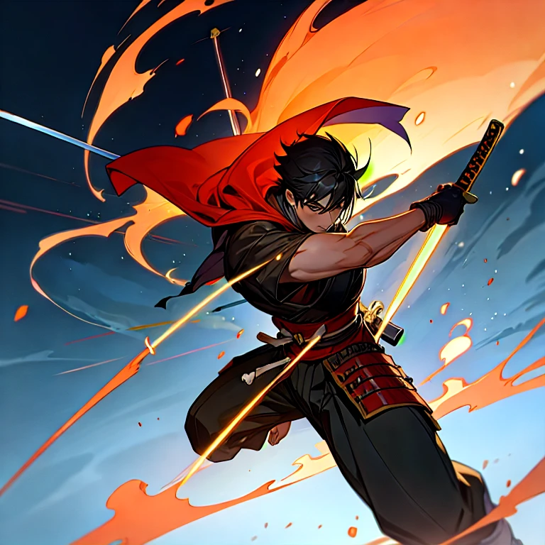 (masterpiece, best quality:1.2), a swordsmen is jumping on the air to slash his enemies, fighting with sword, (swinging sword in the air), (samurai), martial arts, action pose, ((ultra-detailed, 8k quality)), Aesthetics, Cinematic lighting, (detailed line art), (best composition), (high-resolution), 1men, 1 person