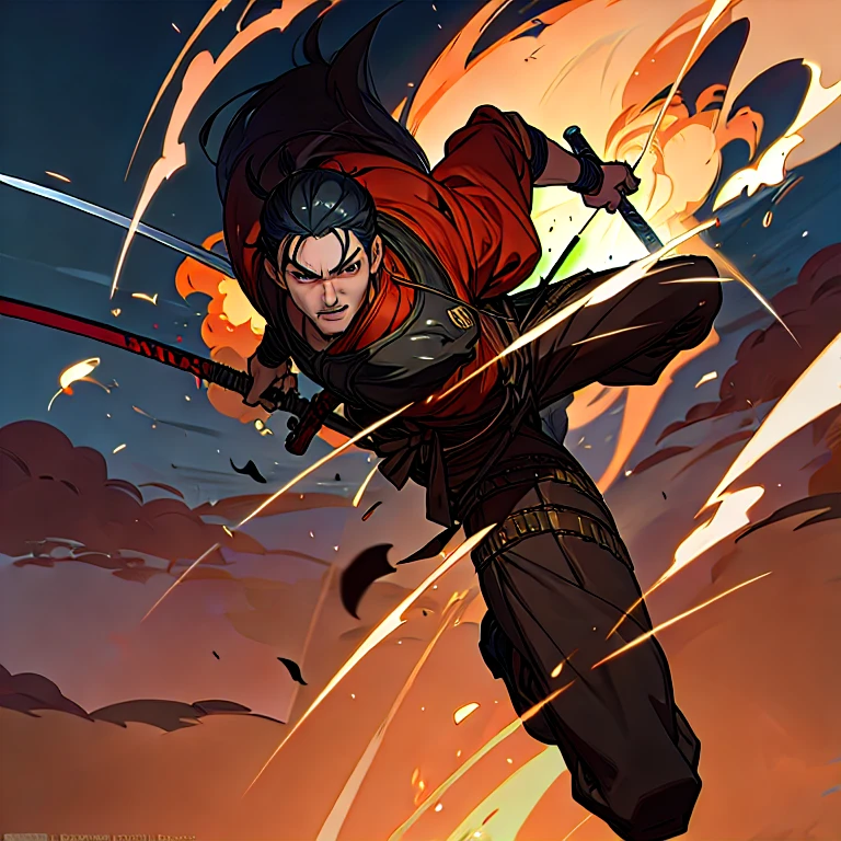 (masterpiece, best quality:1.2), a swordsmen is jumping on the air to slash his enemies, fighting with sword, (swinging sword in the air), (samurai), martial arts, action pose, ((ultra-detailed, 8k quality)), Aesthetics, Cinematic lighting, (detailed line art), (best composition), (high-resolution), 1men, 1 person