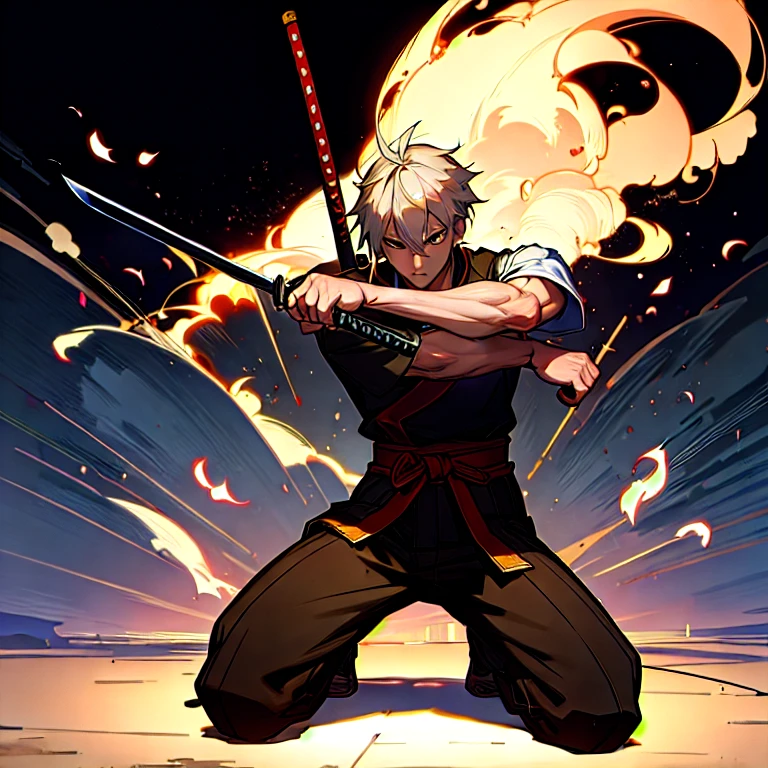 (masterpiece, best quality:1.2), a young swordsmen is holding a sword with one hand and stroking the blade with the other hand, one leg is stretched out in front and one led is kneeling behind,  fighting with sword, (samurai), martial arts, action pose, ((ultra-detailed, 8k quality)), Aesthetics, Cinematic lighting, (detailed line art), (best composition), (high-resolution), 1men, 1 person