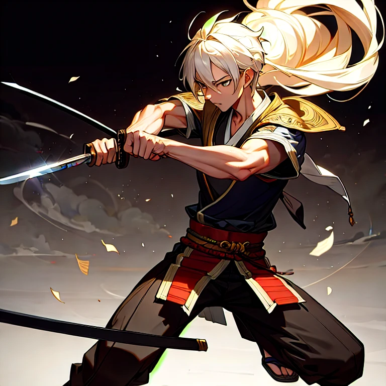 (masterpiece, best quality:1.2), a young swordsmen is holding a sword with one hand and stroking the blade with the other hand, he move backwards to prepare another move with one leg is stretched out in front and one leg is behind, fighting with sword, (samurai), martial arts, action pose, combat, ((ultra-detailed, 8k quality)), Aesthetics, Cinematic lighting, (detailed line art), (best composition), (high-resolution), 1men, 1 person