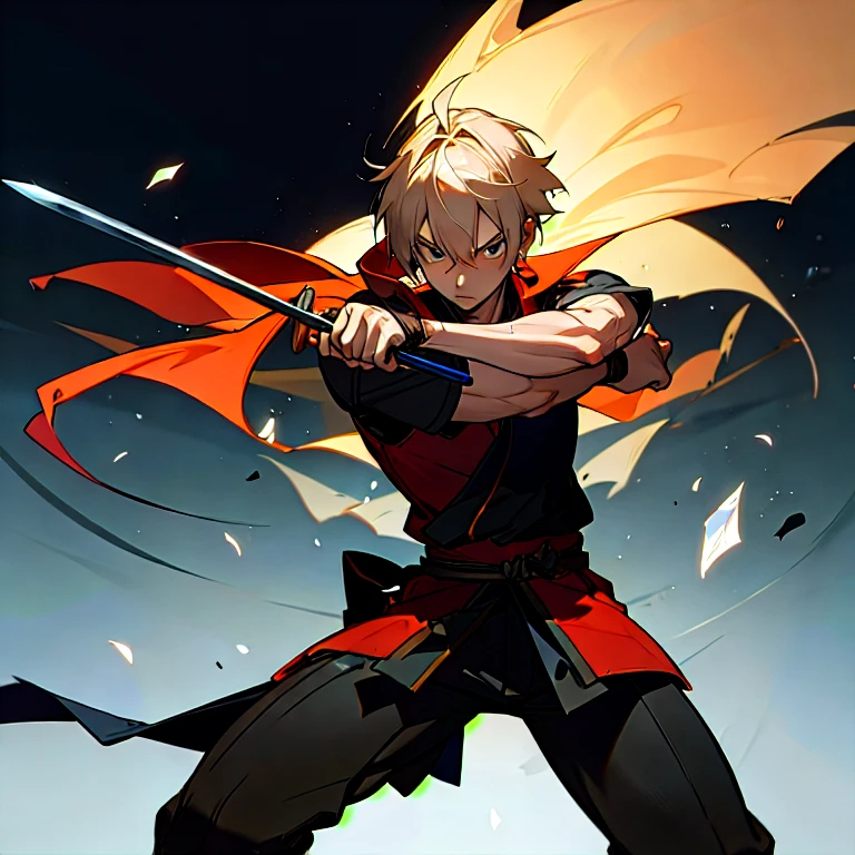 (masterpiece, best quality:1.2), a young swordsmen is holding a sword and his other hand is supporting the blade to thrust the sword into his opponent, intense look, the blade point toward the screen, the blade point toward the screen viewer, (samurai), martial arts, combat, ((ultra-detailed, 8k quality)), Aesthetics, Cinematic lighting, (detailed line art), (best composition), (high-resolution), 1men, 1 person
