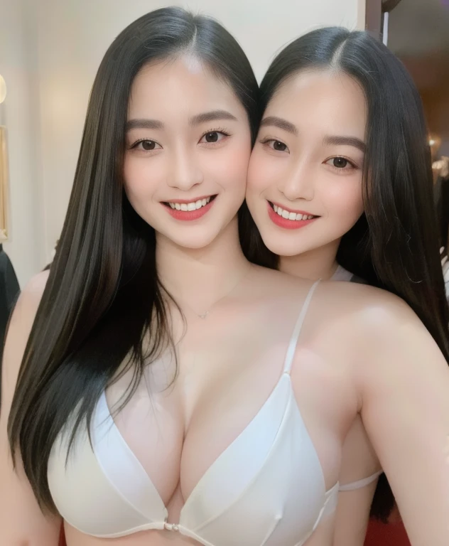 (realistic、masterpiece、Best Quality、8K、highres、high resolution:1.3)、((2 girls:1.3))、smile, twin sisters , Huge breasts、white bikini、pale white skin、looking at viewers、super fine face and eyes、long hair、indoor、 upper body、