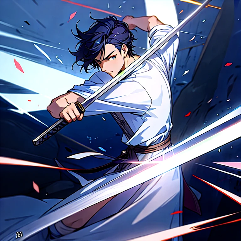 (masterpiece, best quality:1.2), a swordsmen is floating in the air and slashing the viewer, stabbing the viewer ((ultra-detailed, 8k quality)), Aesthetics, Cinematic lighting, (detailed line art), (best composition), (high-resolution), 1men, 1 person