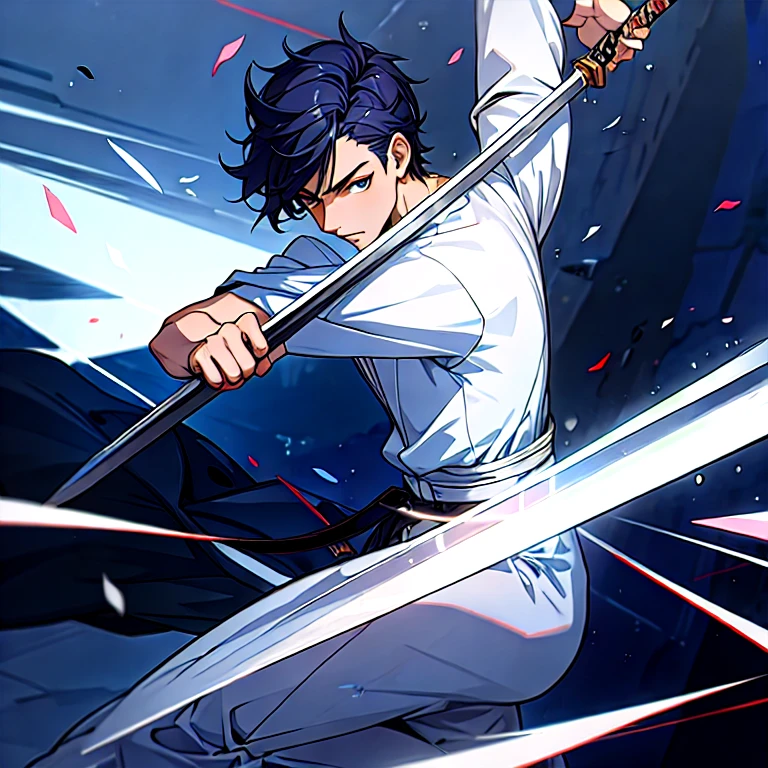 (masterpiece, best quality:1.2), a swordsmen is floating in the air and slashing the viewer, stabbing the viewer ((ultra-detailed, 8k quality)), Aesthetics, Cinematic lighting, (detailed line art), (best composition), (high-resolution), 1men, 1 person