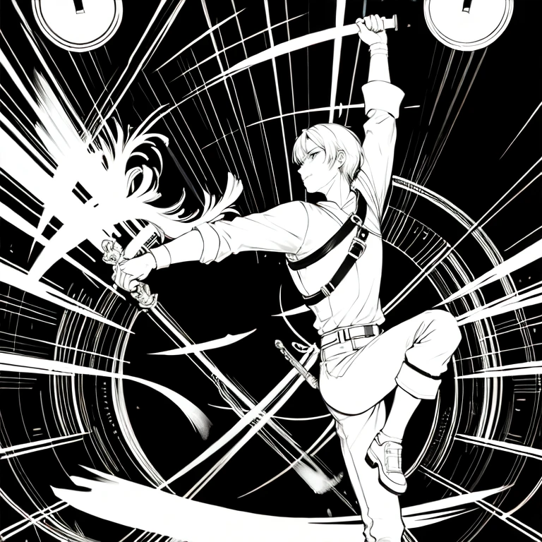 (masterpiece, best quality:1.2), a swordsmen is high-kicking into air while holding sword with one hand, Aesthetics, Cinematic lighting, (detailed line art), (best composition), (high-resolution), 1men, 1 person