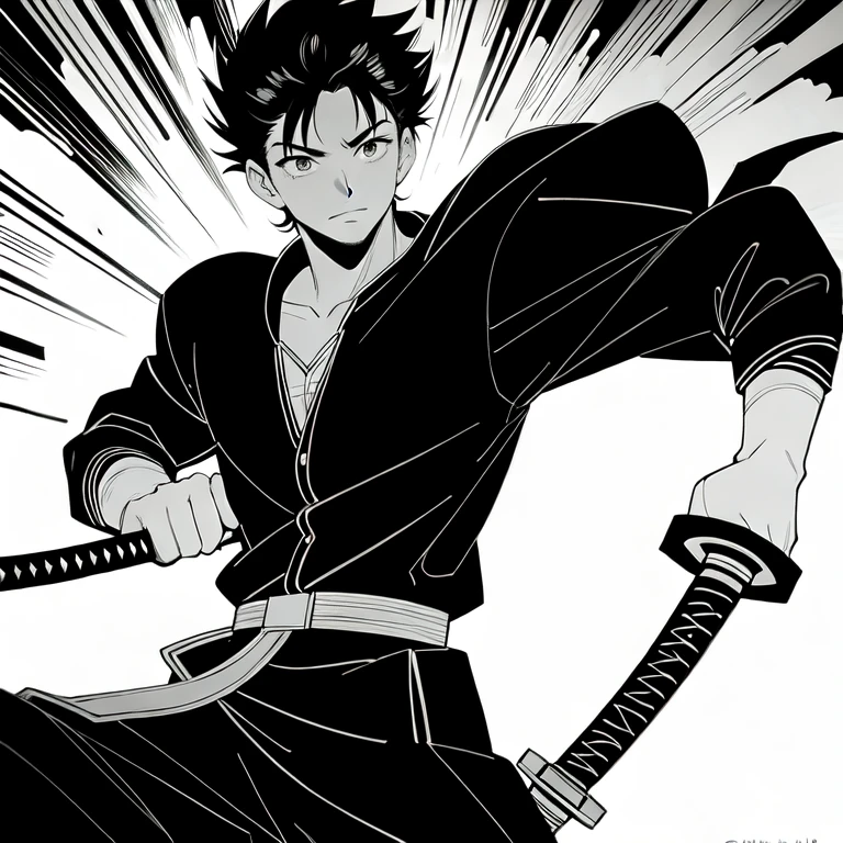 (masterpiece, best quality:1.2), a young young swordsmen is floating in the air and holding katana, Aesthetics, Cinematic lighting, (detailed line art), (best composition), (high-resolution), 1men, 1 person