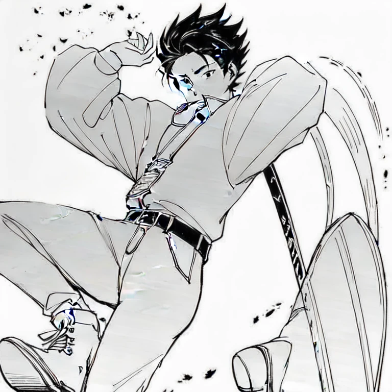 (masterpiece, best quality:1.2), a young young swordsmen is floating in the air and holding katana, Aesthetics, Cinematic lighting, (detailed line art), (best composition), (high-resolution), 1men, 1 person
