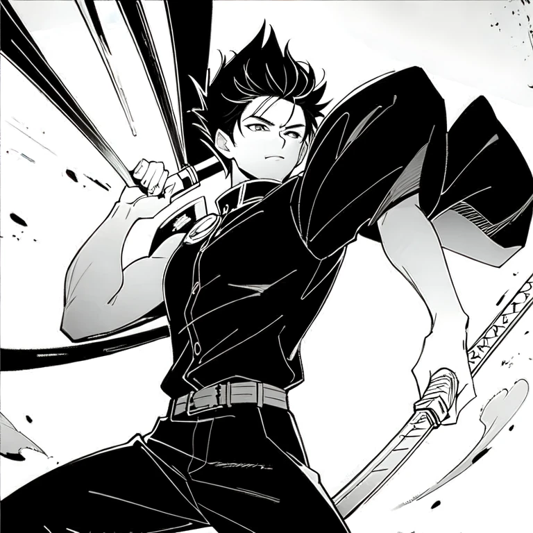 (masterpiece, best quality:1.2), a young young swordsmen is floating in the air and holding katana, Aesthetics, Cinematic lighting, (detailed line art), (best composition), (high-resolution), 1men, 1 person