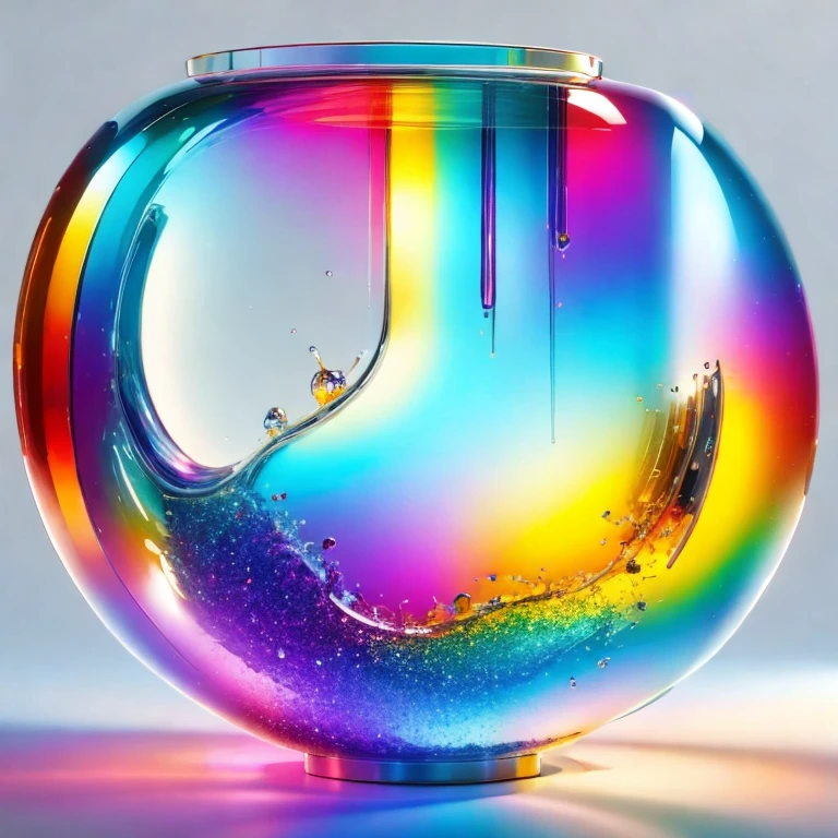 (masterpiece, best quality:1.2), Gradient colorful glass, metallic feel, retro cyberpunk, surrealism, Arthur C. Clarke effect, transparent body, gradient semi-transparent glass melt, caustics, transparent glass texture, rainbow color, designed by Dieter Rams, simple, sparkling details, white background, industrial design, studio lit up, C4D, Octane Render, clean shadow, 4K,Beautiful artworks, magical items, with mysterious universal energy