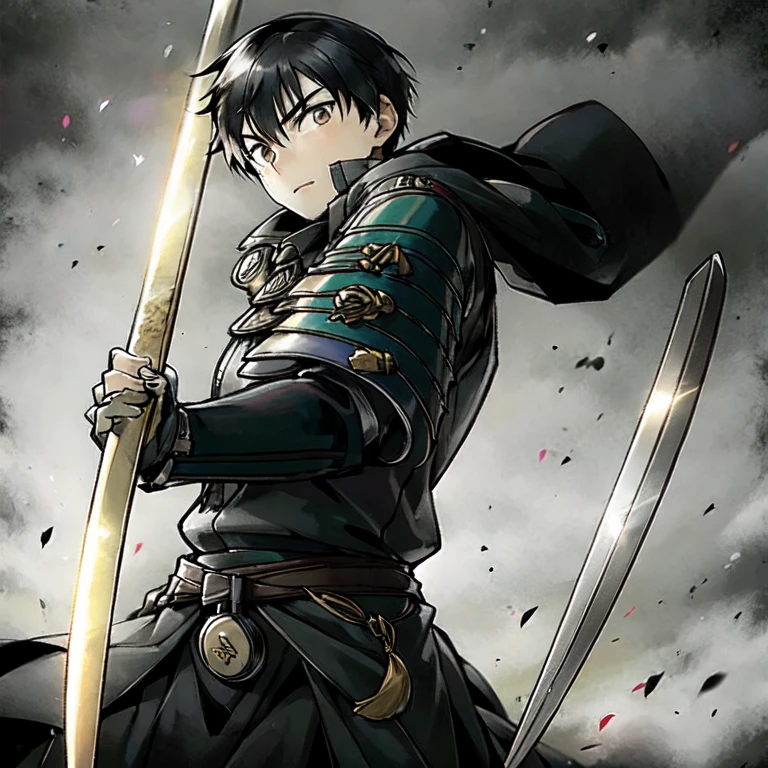 (masterpiece, best quality:1.2), a young swordsmen is holding katana and point the blade at the viewer, Aesthetics, Cinematic lighting, (detailed line art), (best composition), (high-resolution), 1men, 1 person