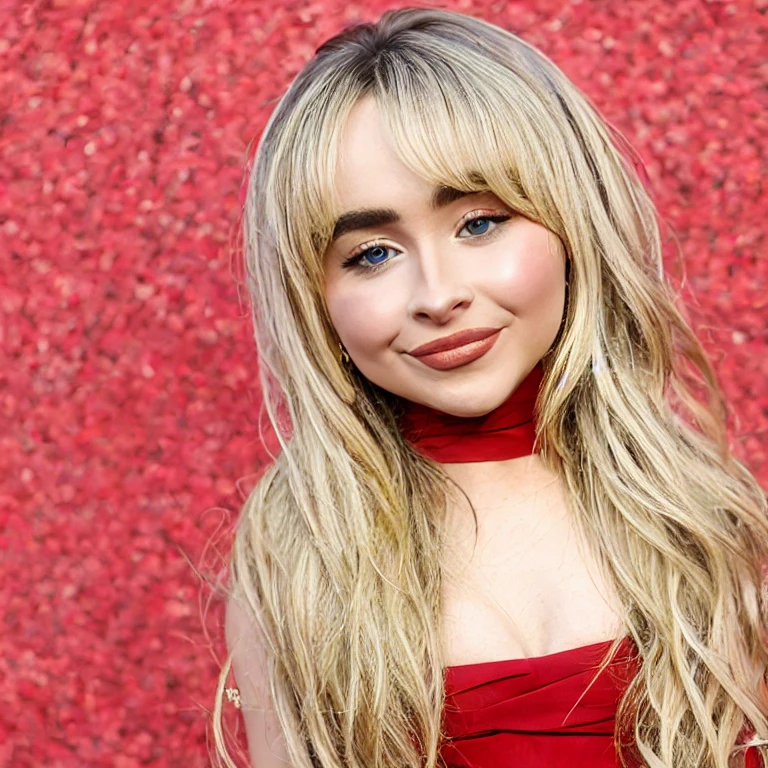 (masterpiece, best quality:1.2), 1girl, solo, Sabrina Carpenter, red dress, bangs, blonde hair, portrait photograph, Sab_Carp