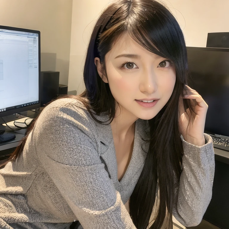 best image quality, Super high resolution, 1girl, beautiful face, Announcer in a tight suit with long sleeves, black hair, big breasts, Sitting in the studio, cowboy shot