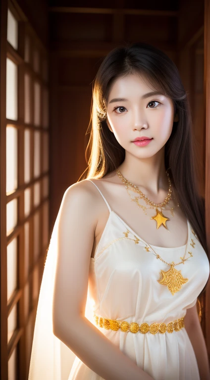 realistic photos of 1 cute Korean star, straight hair, white skin, thin makeup, 32 inch breasts size, wearing Thai traditional costume, necklace, in Thai style house, upper body portrait, backlighting, UHD