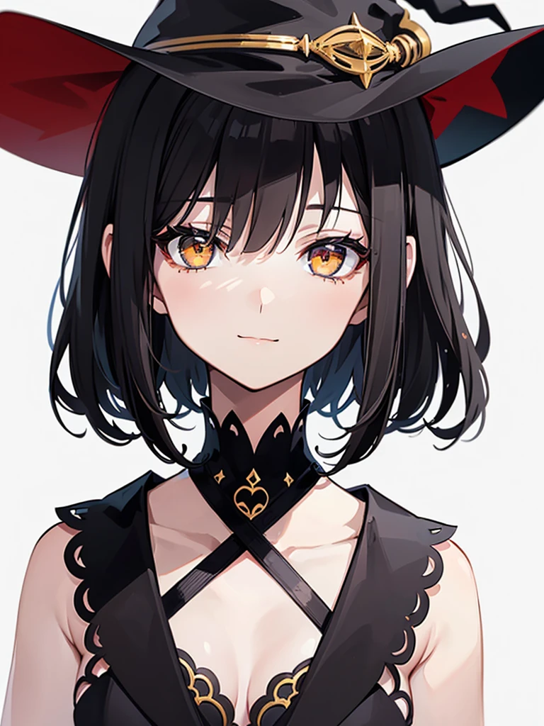 Witch's outfit, Anime-style portrait of a teen-ager girl with a deep violet bob cut, (Golden eyes), bright eyes, detailed eyes, eye contact with the camera, subtle smile, minimalistic background to emphasize character, high contrast, clean lines, digital painting, vivid colors