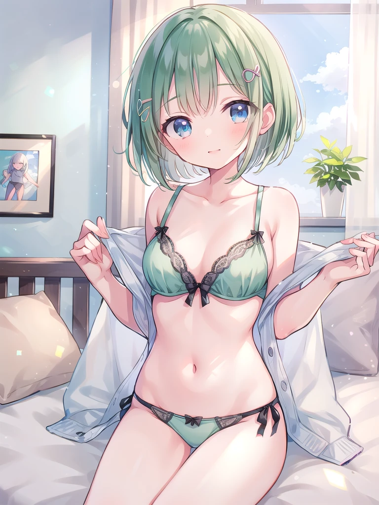 masterpiece, beautiful illustrations, highest quality, pretty girl, 1girl, Bedroom, pastel colour, (two-separated lingerie), cute lingerie, (Spring Green bob cut), bright lighting, sky-blue eyes