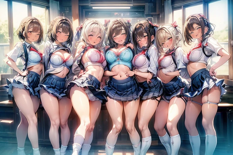 nswf:1.3,(ultra-detailed:1.5，masterpiece: 1.2, highest quality, masterpiece, Clearer images，4K，detailed face), (Bright colors), ((Take clear photos even from a distance)), (multiple girls), (Harem), (School classmates), (((All school uniforms have the same design))), (((Everyone is wearing the same navy blue skirt))), (()), ((prostitution婦)), (prostitution宿, on the bed), (cute Japanese((6 girls))), (((infant&#39;face))), ((group shot)), (group selfie), ((ass visible through thighs))、 (Full body diagram from head to toe), front, frontやや下からの構図, symmetry, 18 year old tall girl, alone, (whole body from head to toe),wide angle, soft light, ((((laugh with your mouth wide open)))), (slightly larger breasts), ((prostitution)), (lure), ((viewers love it)), (((A lot of hearts are flying))), Landscape、、((((open legs:1.5)))、((female masturbation:1.8))、((breast grab:1.3)),(((bra lift:1.4)))、(((show bra:1.5)))、(skirt lift:1.3) 、one eye closed、stick out one&#39;s crotch、((youth))、((((Knee-length white loose socks))))