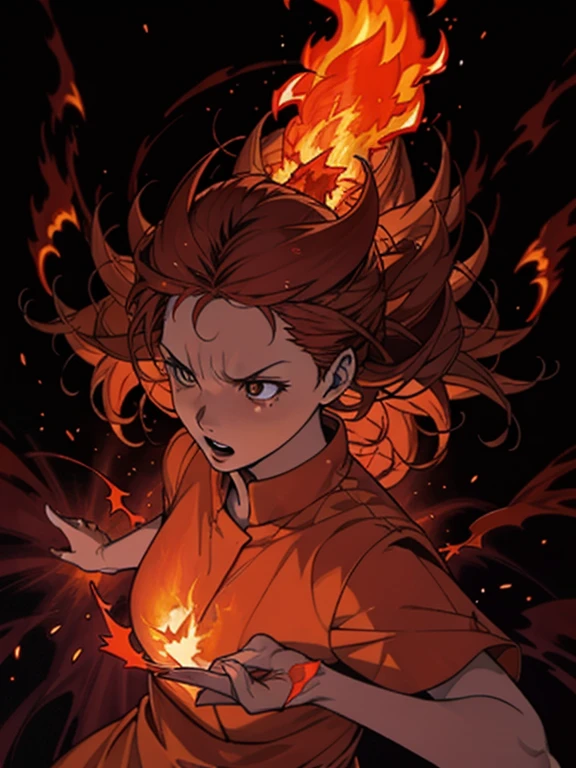 Flame Demon Goddess、Ifrit、Burning Hell Earth、clothed in flames、Fire Splashes、grim expression、Flame attack、