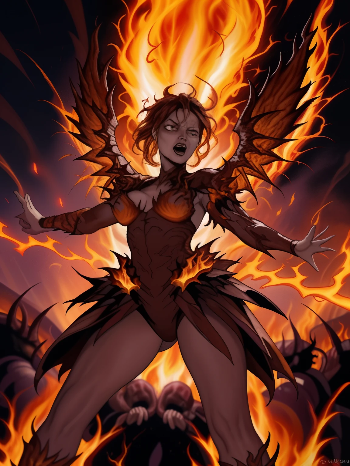 (best quality,highres),Fiery Demon Goddess,[Burning],Intense expression,Infernal landscape,Engulfed in flames,Aura of fire,Sparks flying,Devastating flames,Powerful fiery attack,Ashes and embers swirling,Flaming wings,Intimidating presence,Inferno's wrath,Visceral heat,Lava rivers,Lithe movements,Destructive power,Flame halo,Raging inferno,Seething flames,Infernal rage,Hellish atmosphere,Burning hellfire,Eyes ablaze,Molten armor,Demonic fury,Dancing flames,Fiery tendrils,Scorching heat,Majestic and fearsome,Apocalyptic battleground,Flaming splendor,Inferno unleashed,Tempest of fire,Infernal summoning,Immense power,Inferno's queen