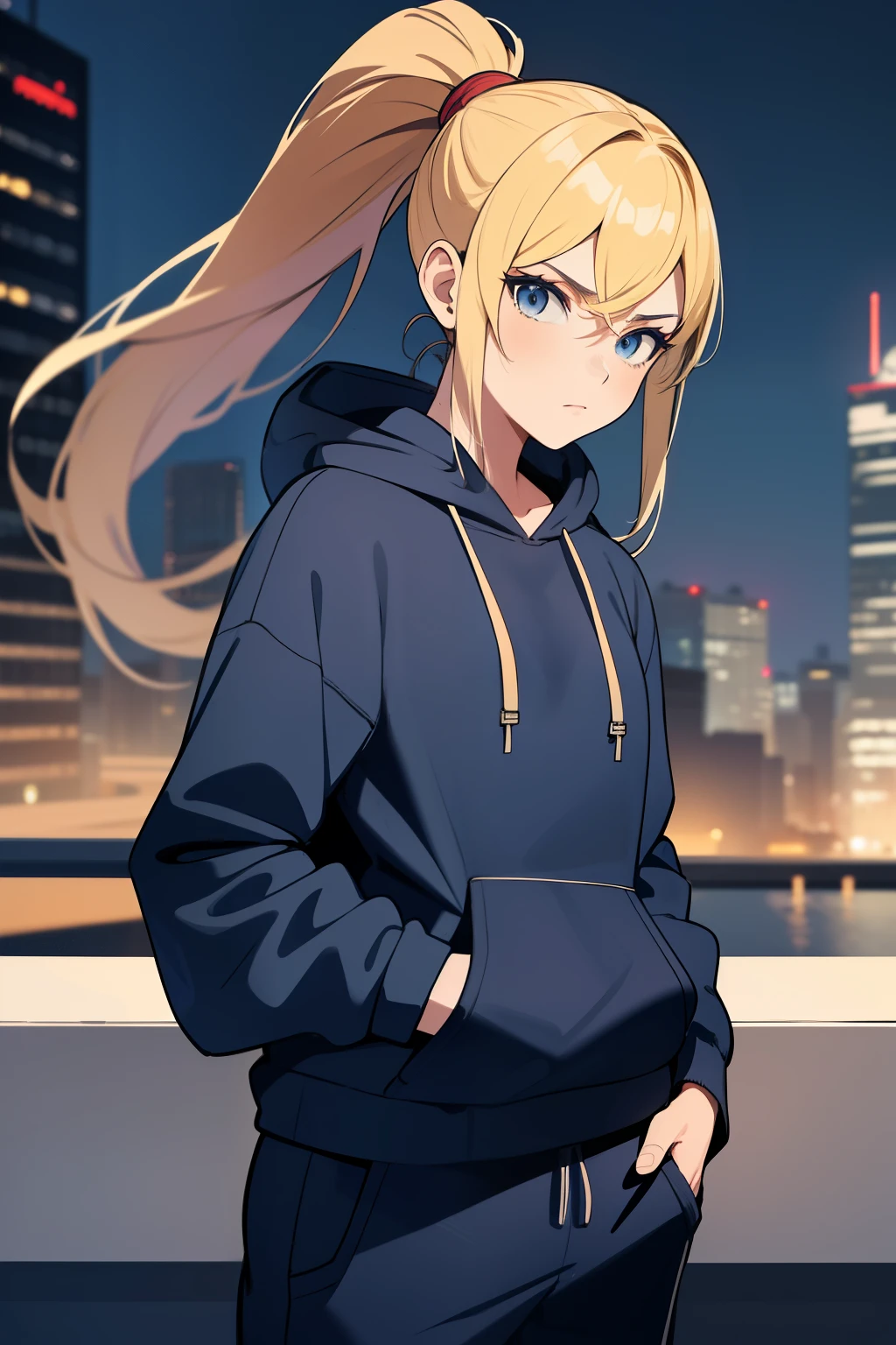 masterpiece, best quality, samus aran, ponytail, hair tie, blue hoodie, black sweatpants, looking at viewer, city background, cowboy shot