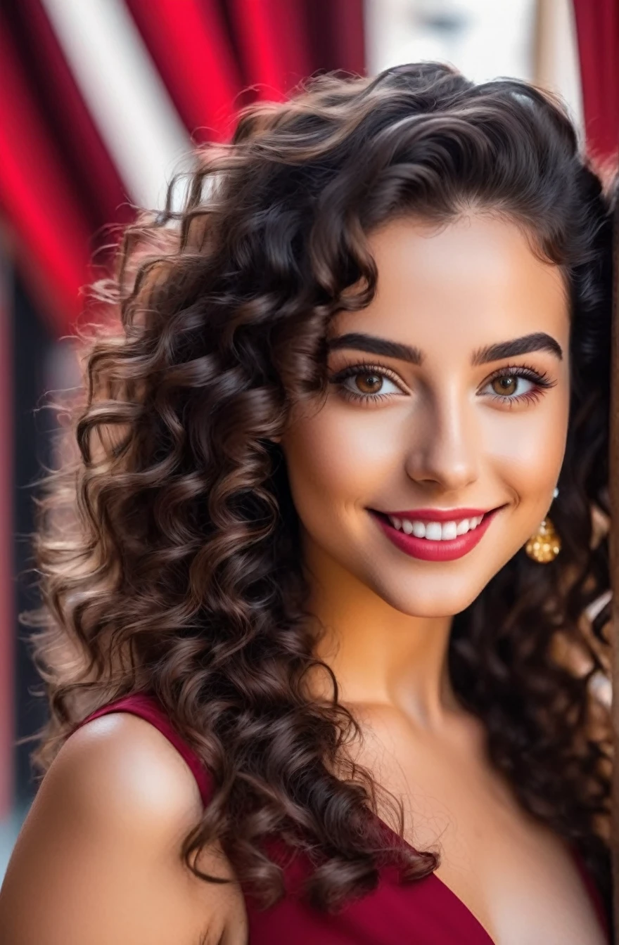 Generates a professional 8k UHD photograph of a 25-year-old brunette girl, large shiny black eyes, beautiful and cheerful eyes, shiny black curly hair, perfect and aesthetic facial features, soft and well-proportioned cheeks, very beautiful lips, smiling towards the camera in a way that conveys joy and love, masterpiece, clear and delicate skin, dressed in elegant deep red dress
