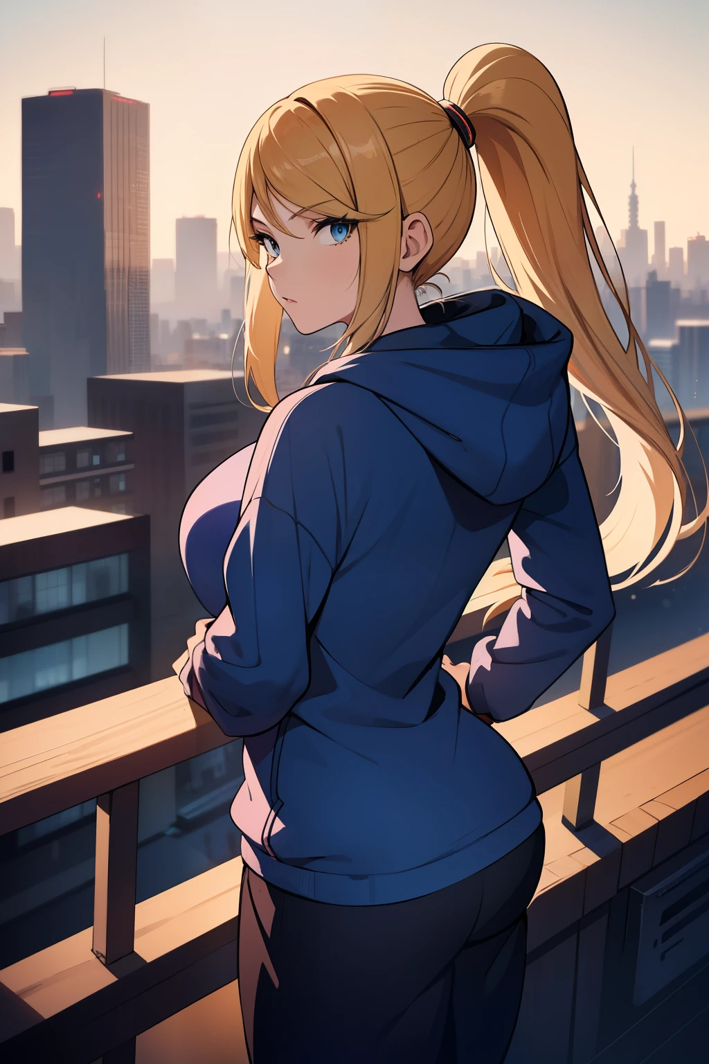 masterpiece, best quality, samus aran, ponytail, hair tie, blue hoodie, black sweatpants, looking at viewer, city background, cowboy shot