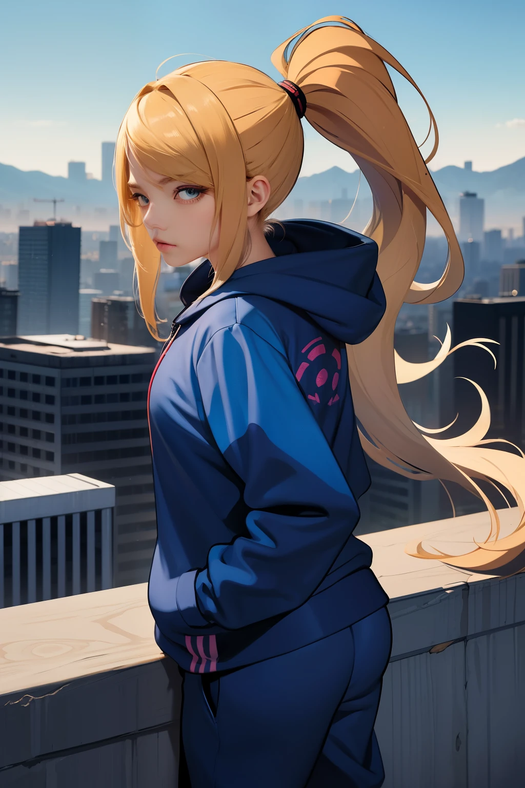 masterpiece, best quality, samus aran, ponytail, hair tie, blue hoodie, black sweatpants, looking at viewer, city background, cowboy shot