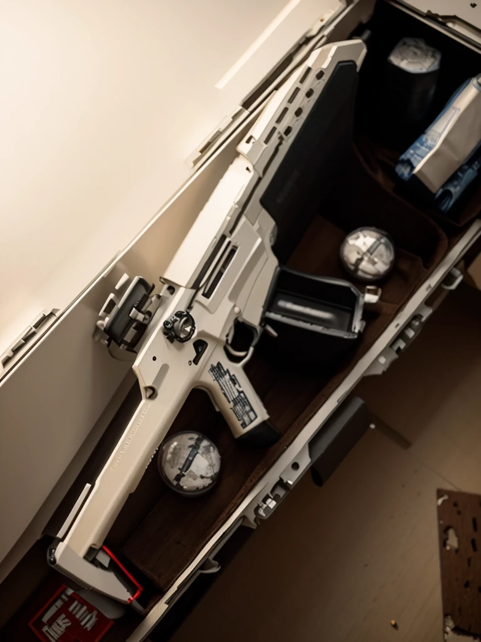 modern white laser assault rifle, red Japanese symbols, it is inside a military box with magazines and grenades, military boxes, 4k, Ultra detailed image, realistic, Highly detailed, perfect composition, splendid, Intricately detailed, Incredibly detailed, 8 k artistic photography, hyper detailed, Masterpiece, Ultra detailed, Hyperrealistic, 4k, Ultra detailed image, realistic, Highly detailed, perfect composition, splendid, Intricately detailed, Incredibly detailed, 8K fine art photography, hyper detailed, Masterpiece