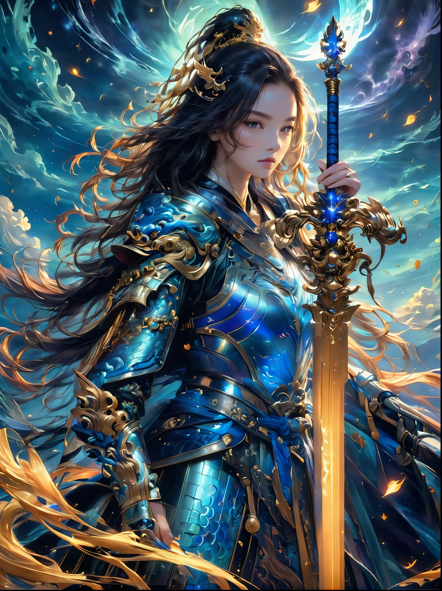 masterpiece,Realistic,Deep color,blue tint,Surrealism, Star光环, In the bright embrace of the moonlight serenade,(Chinese armor),gentle beautiful girl,(The girl holds a sword in her hand),Women's Armor,solo,pauldron,helmet,Chinese city background,blue sky,detailed眼睛,looking at the audience,Smile,Upper body,masterpiece,best quality,perfect eyes,perfect face,perfect lighting, 8K,Compared,Tone,texture, detailed, Star, Colorful halo, Vibrant energy, expressive, dramatic, organic lines and forms, dreamy and mysterious, Surrealism,portrait shooting,complex,meticulous,sharp,clear,Better image quality,Rough brushstrokes,high dynamic range,vivid,Rich in details,阴影和高光clear,reality,vehement,Compared度增强,Rich in details,Chinese_armor,anatomically correct, textured skin