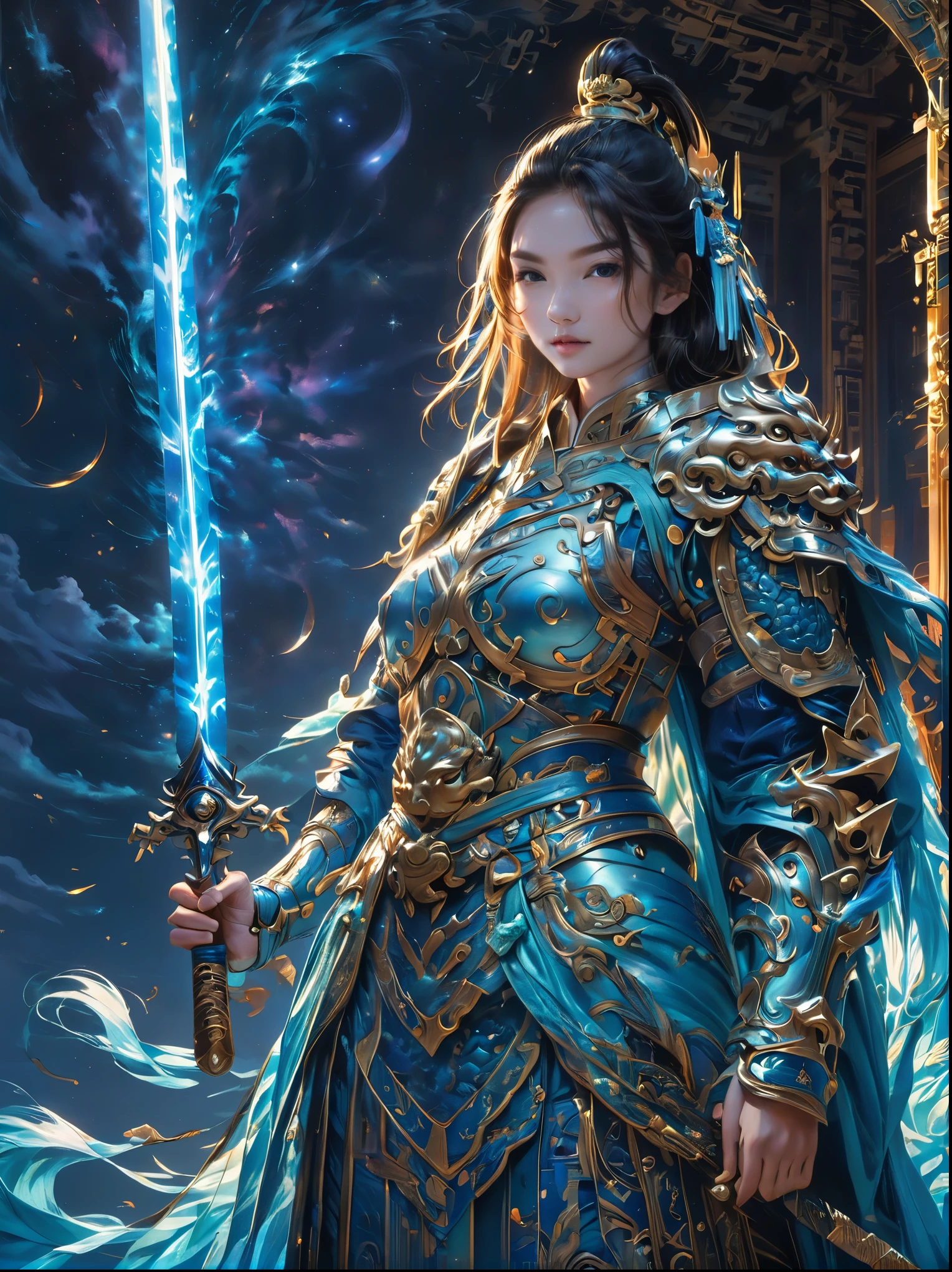 masterpiece，Realistic，Deep color，blue tint，Surrealism, Star光环, In the bright embrace of the moonlight serenade，(Chinese armor)，gentle beautiful girl，(The girl holds a sword in her hand)，Women&#39;s Armor，solo，pauldron，helmet，Chinese city background，blue sky，detailed眼睛，looking at the audience，Smile，Upper body，masterpiece，best quality，perfect eyes，perfect face，perfect lighting， 8K，Compared，Tone，texture, detailed, Star, Colorful halo, Vibrant energy, expressive, dramatic, organic lines and forms, dreamy and mysterious, Surrealism，portrait shooting，complex，meticulous，sharp，clear，Better image quality，Rough brushstrokes，high dynamic range，vivid，Rich in details，阴影和高光clear，reality，vehement，Compared度增强，Rich in details，Chinese_armor，anatomically correct, textured skin