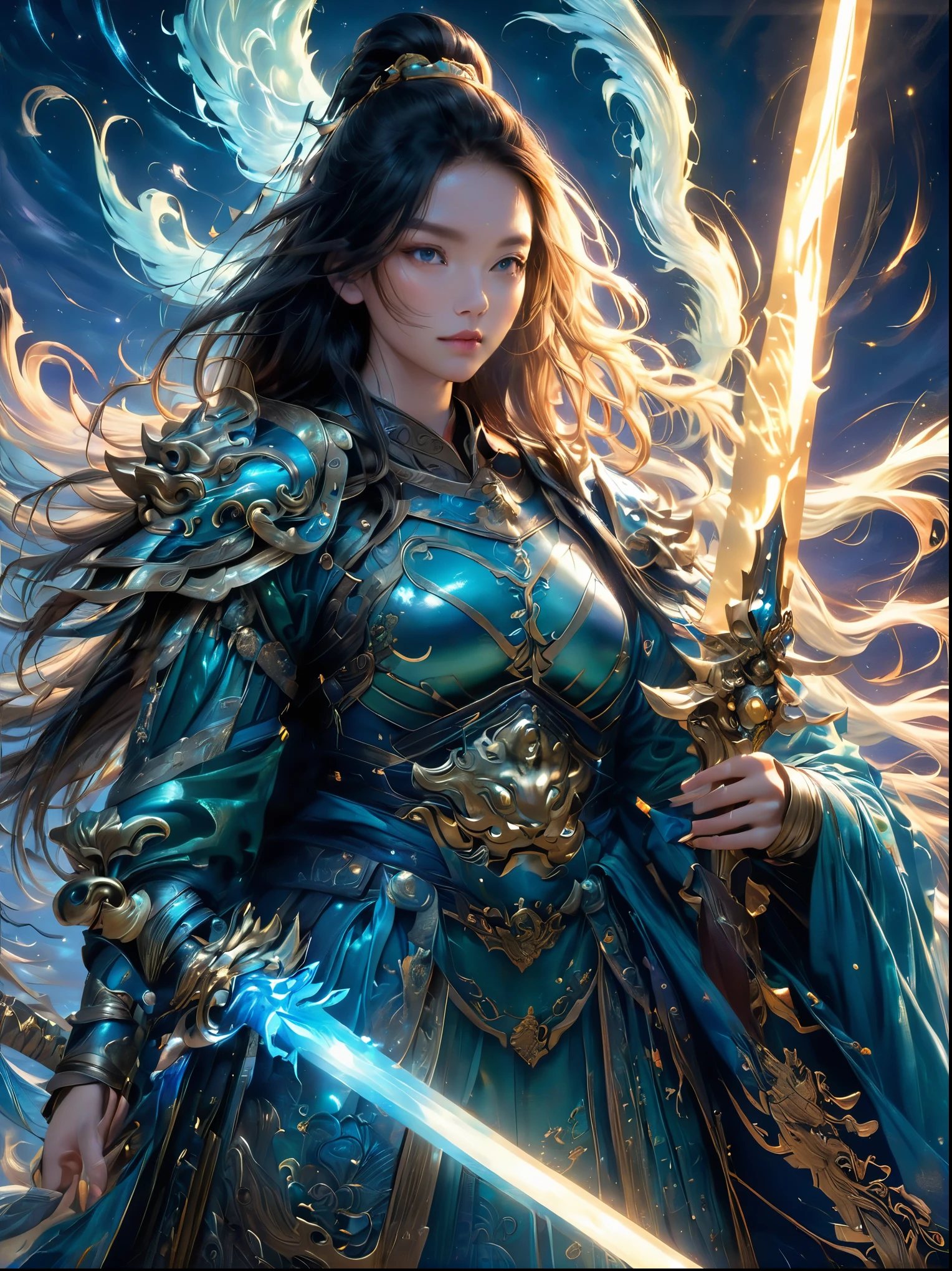 masterpiece,Realistic,Deep color,blue tint,Surrealism, Star光环, In the bright embrace of the moonlight serenade,(Chinese armor),gentle beautiful girl,(The girl holds a sword in her hand),Women's Armor,solo,pauldron,helmet,Chinese city background,blue sky,detailed眼睛,looking at the audience,Smile,Upper body,masterpiece,best quality,perfect eyes,perfect face,perfect lighting, 8K,Compared,Tone,texture, detailed, Star, Colorful halo, Vibrant energy, expressive, dramatic, organic lines and forms, dreamy and mysterious, Surrealism,portrait shooting,complex,meticulous,sharp,clear,Better image quality,Rough brushstrokes,high dynamic range,vivid,Rich in details,阴影和高光clear,reality,vehement,Compared度增强,Rich in details,Chinese_armor,anatomically correct, textured skin
