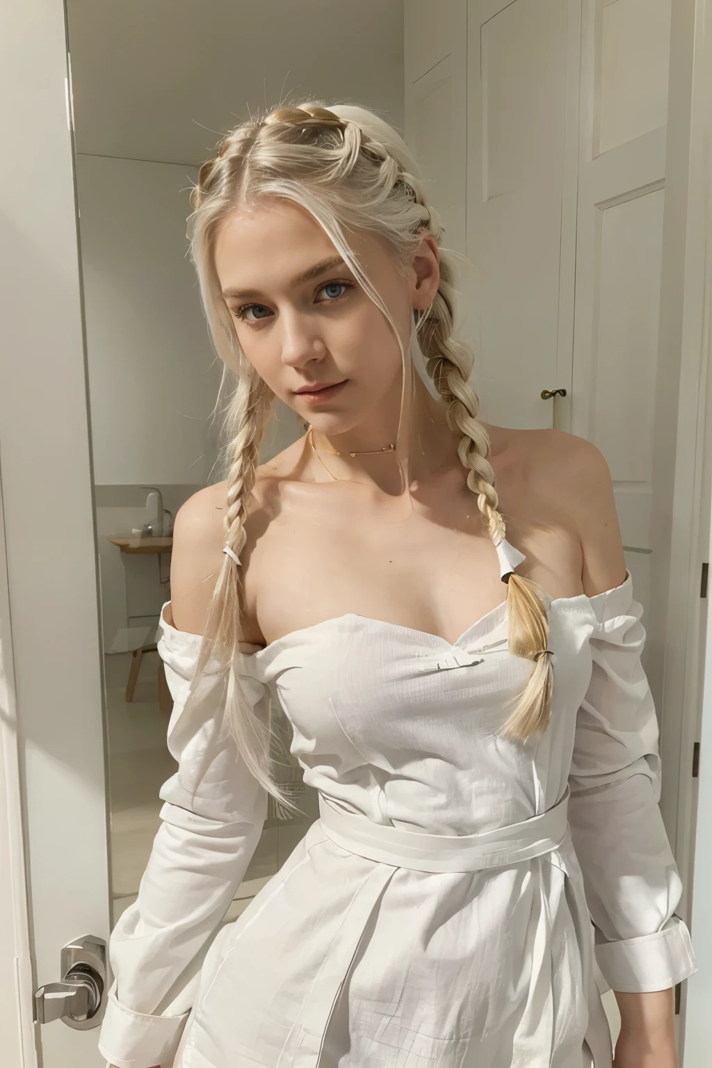 best quality, masterpiece,white hair, gold eyes,white clothes, looking up, upper body,hair strand,Fair skin,side braids