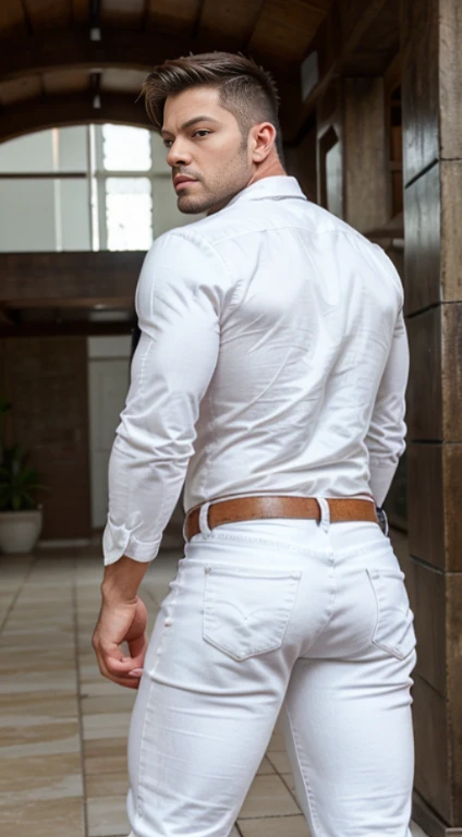 realistic photo of a muscular and masculine man, 25 years old, full body, formal white metalic tigth jeans, bubble butt, backside, facing the camera.Ricky Martin