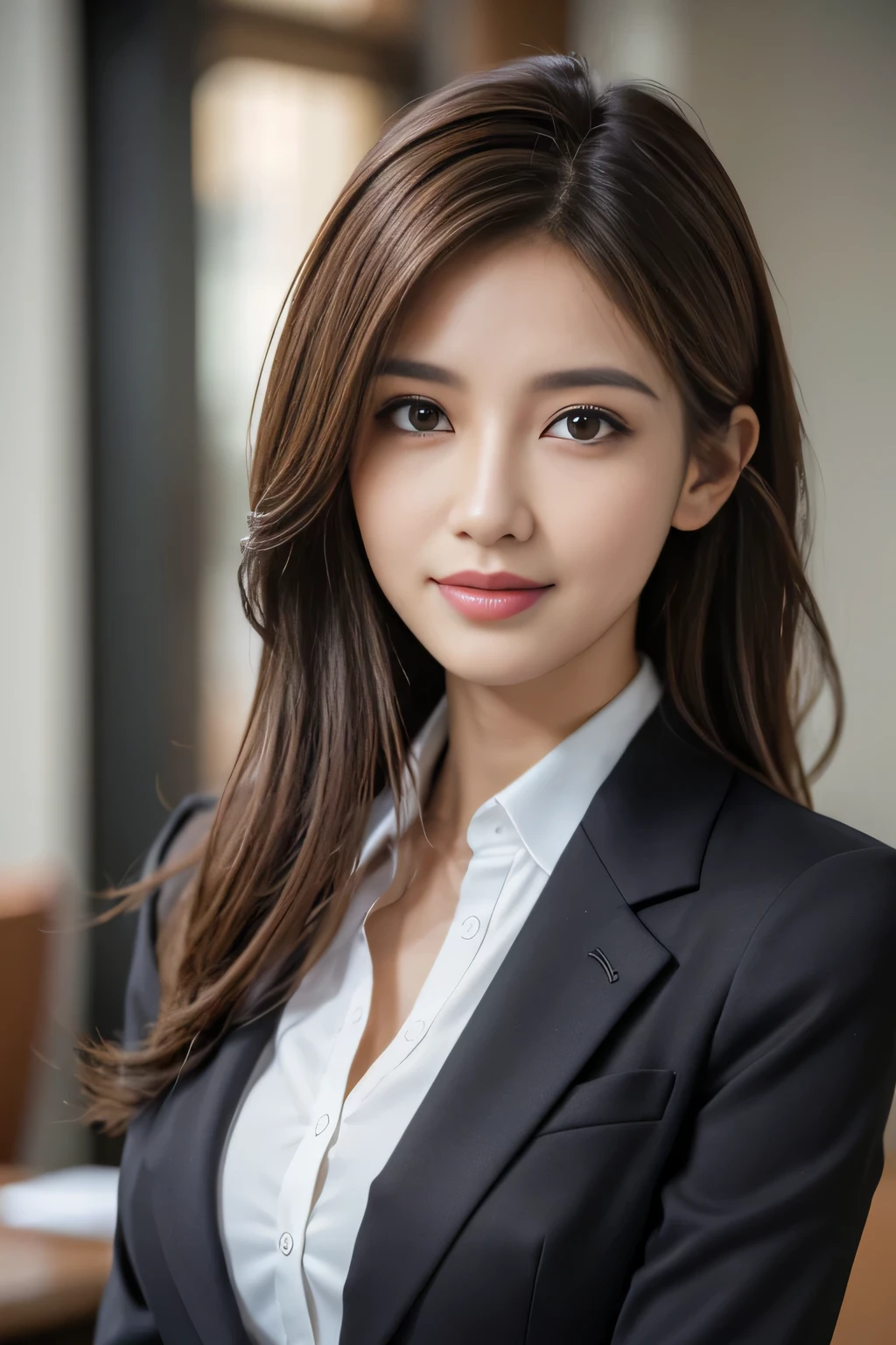 table top, highest quality, realistic, Super detailed, finely, High resolution, 8k wallpaper, 1 beautiful woman,, light brown messy hair, wearing a business suit, sharp focus, perfect dynamic composition, finely beautiful eyes, thin hair, Detailed and realistic skin texture, smile, close-up portrait, model body shape
