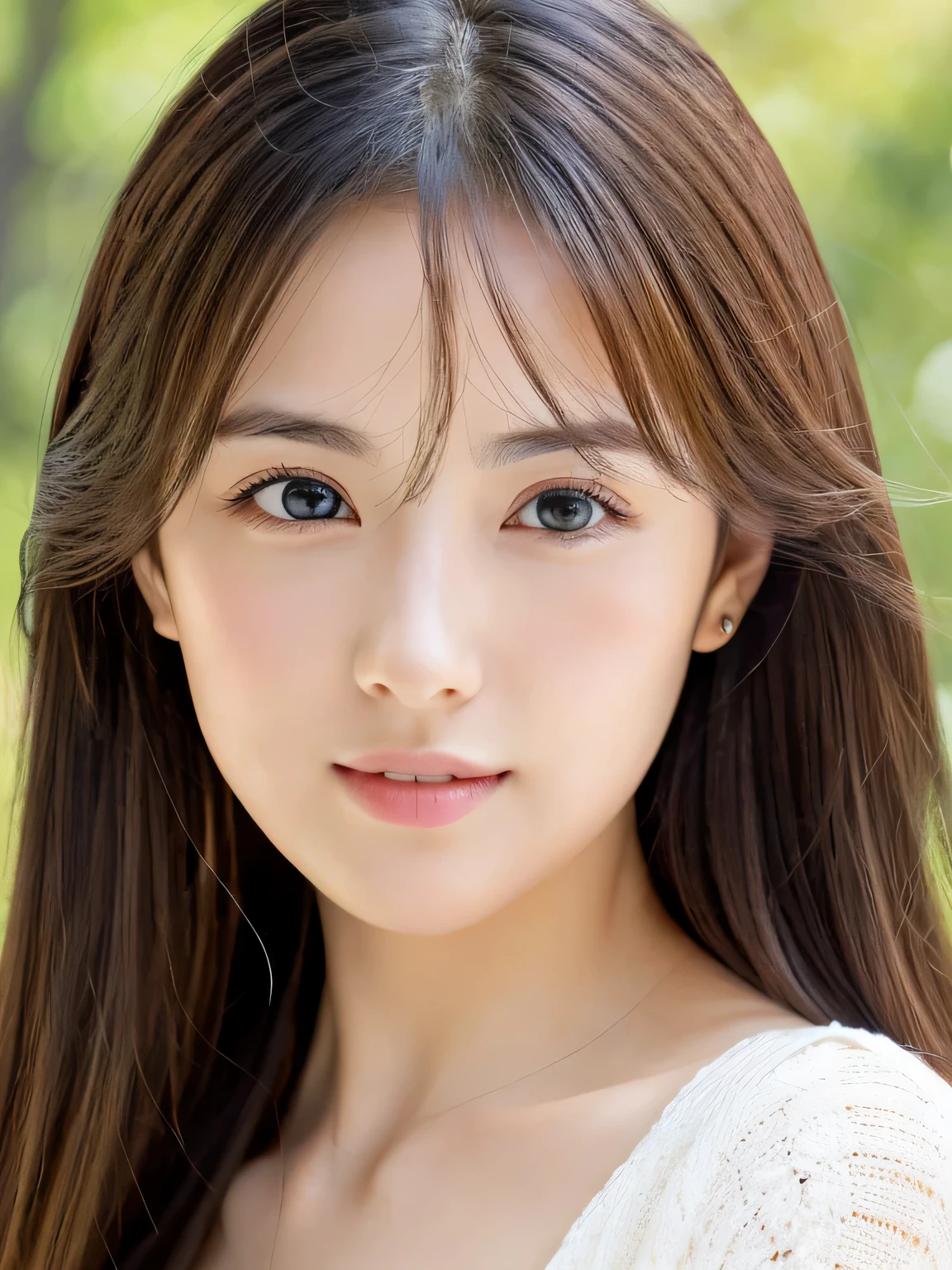 (((32k,high details,high detail、masterpiece,attention to detail,alone))),Raw photo & realistic atmosphere,beautiful dark blue eyes,detailed mouth,glossy lips,thin eyebrows,fine eyes、Soft white skin that shines in every detail、her deep black eyes are so beautiful,lip details、very beautiful face,very well-shaped face、lifelike face,shining beautiful lips,beautiful eyebrows,infinite reality, Realistic young gravure idol,she'she'she'she'she'she's a very cute woman , young gravure idol, young gravure idol, Very beautiful and cute 21 year old beautiful girl,incredibly beautiful and classy,21 year old beautiful girl,natural soft light,(shiny hair,,Beautiful and kind eyes:1.5),gentle smile,well-shaped chest,medium long hair,tie hair,beautiful posture,no makeup,think ahead,