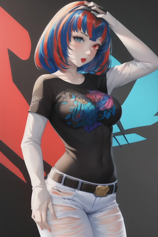 masterpiece, best quality, 1girl, solo, aleardef, heterochromia, 1girl, solo, standing, black t-shirt, white shirt, blue jeans, belt, lipstick, large breasts