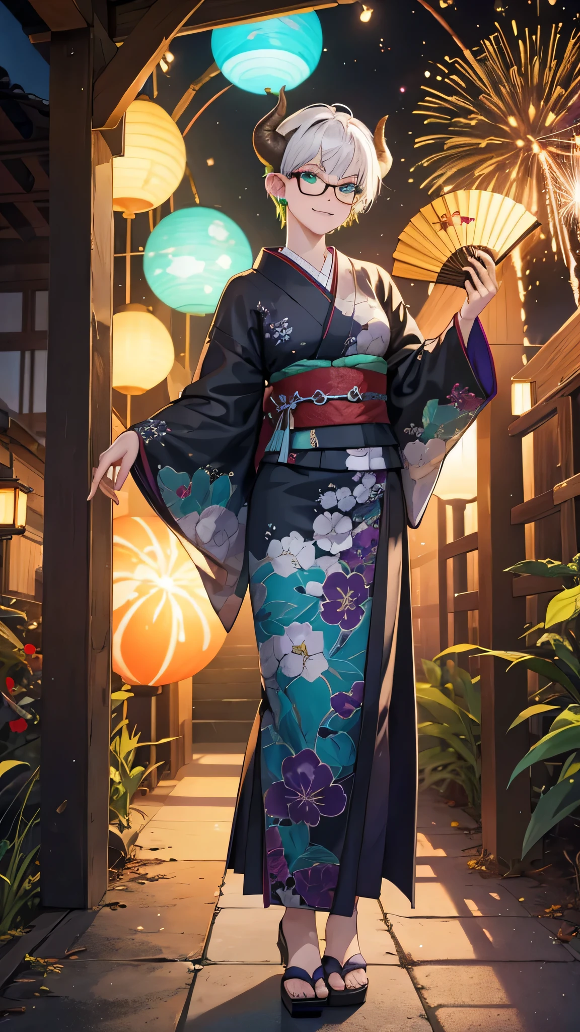8k, masterpiece, best quality, highly detailed, 1girl, tiefling, multicolored hair, very short straight hair green highlight hair on white hair, strippled hair, wearing glasses, earrings, necklace, mole, glowing green eyes, glamorous, holding fan, fireflies, purple and teal, japanese, villainy, smirk, majestic pose, full body view, rings, looking at viewer, demon horns, standing, kimono, festival, fireworks.