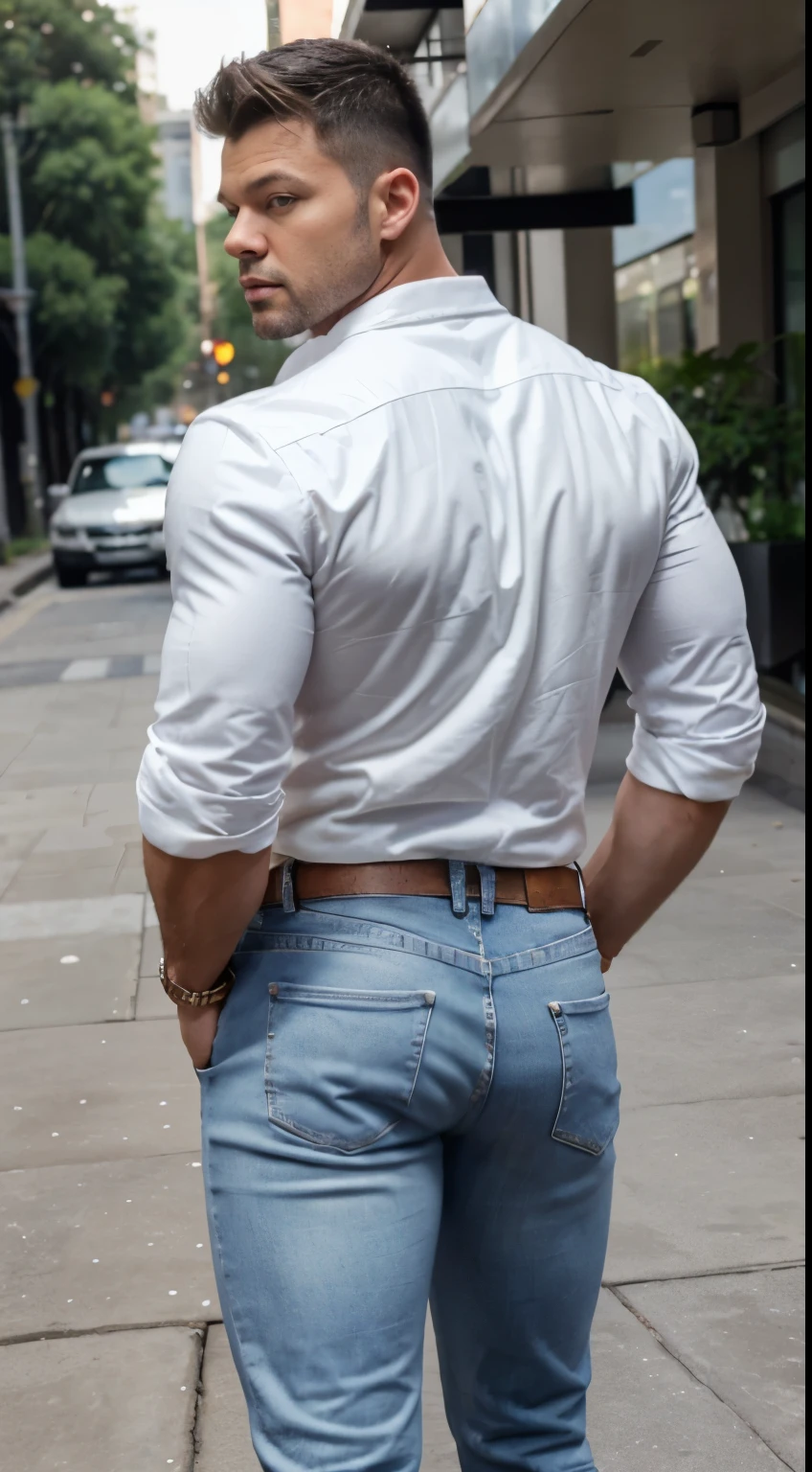  realistic photo of a muscular and masculine man, 25 years old, full body,  formal white metalic tigth jeans, bubble butt, backside,  facing the camera.Ricky Martin