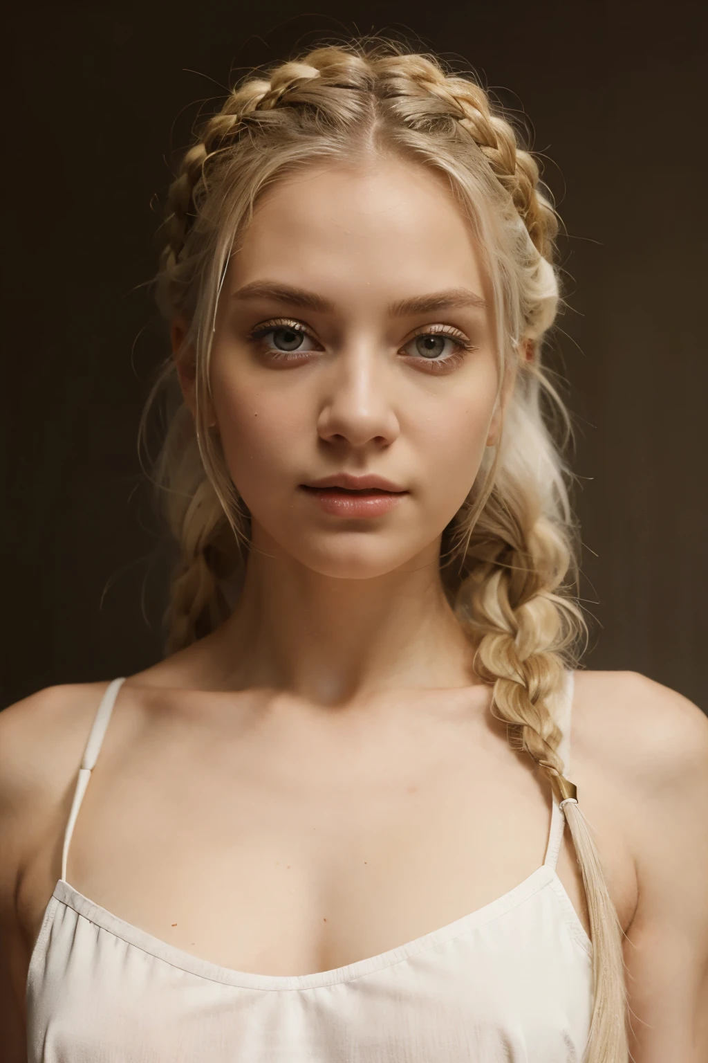 photo mid shot solo portrait of [Scarlett johanson] as [daenerys targaryen] as a real-life version of (daenerys targaryen), targaryen blonde hair, with (sexy dress), (sexy neckline), charming smile, by Hubert Robert and Alex Timmermans ultra realistic highly detailed intricate photorealistic style photography sharp focus on the eyes, cinematic lighting
