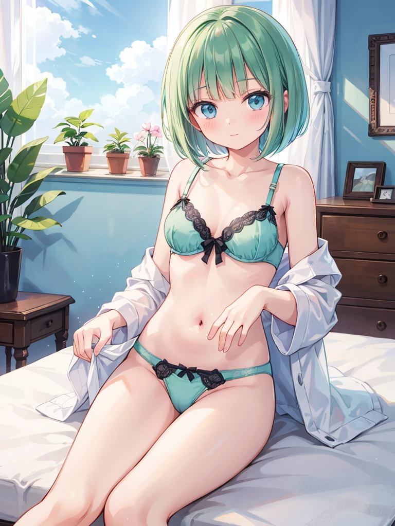 masterpiece, beautiful illustrations, highest quality, pretty girl, 1girl, Bedroom, pastel colour, (two-separated lingerie), cute lingerie, (Spring Green bob cut), bright lighting, sky-blue eyes