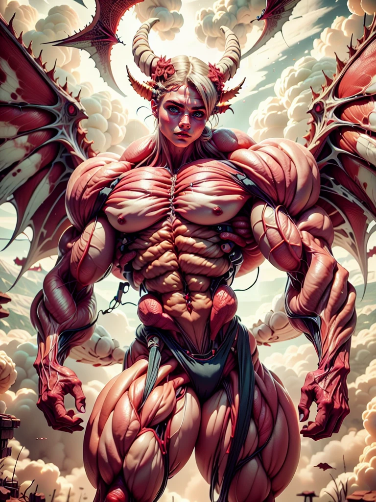 Character description: (1 girl), (cara delevingne:1.25), (beautiful girl face:1.25), (muscular succubus demoness), (carnage skinless physique:1.25), (huge gigantic wings & horns:1.25), (undead skinless succubus:1.25), (covered in red necrotic rotting skinless muscle:1.25), (exposed muscular anatomy:1.25), (large demonic claws:1.25). Character pose: Standing with legs closed, Arms spread apart, Wings spread out, (Whole body pose), Front View. Character expression: psychotic laughter, sharp teeth, beautiful cute girl face, red eyes, scary and horrific. Scene description: anatomic tech world morph, hellish landscape, Hellraiser like atmosphere. Scene Quality: (8k, RAW photo, photorealistic:1.25).